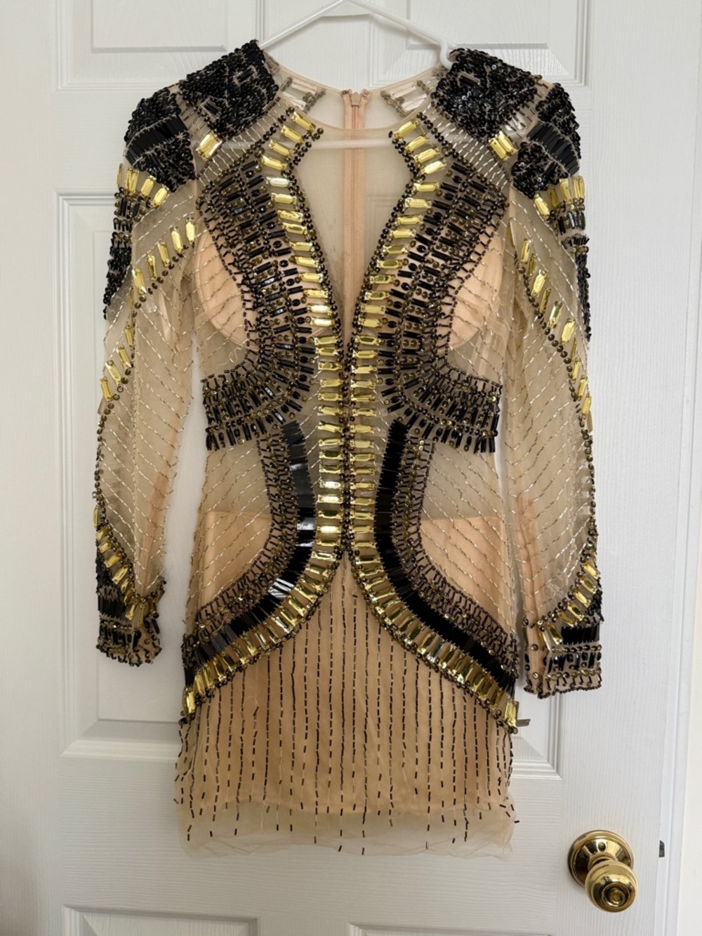 Va Va Voom Nude Mesh Mini Dress with Gold & Black Beading